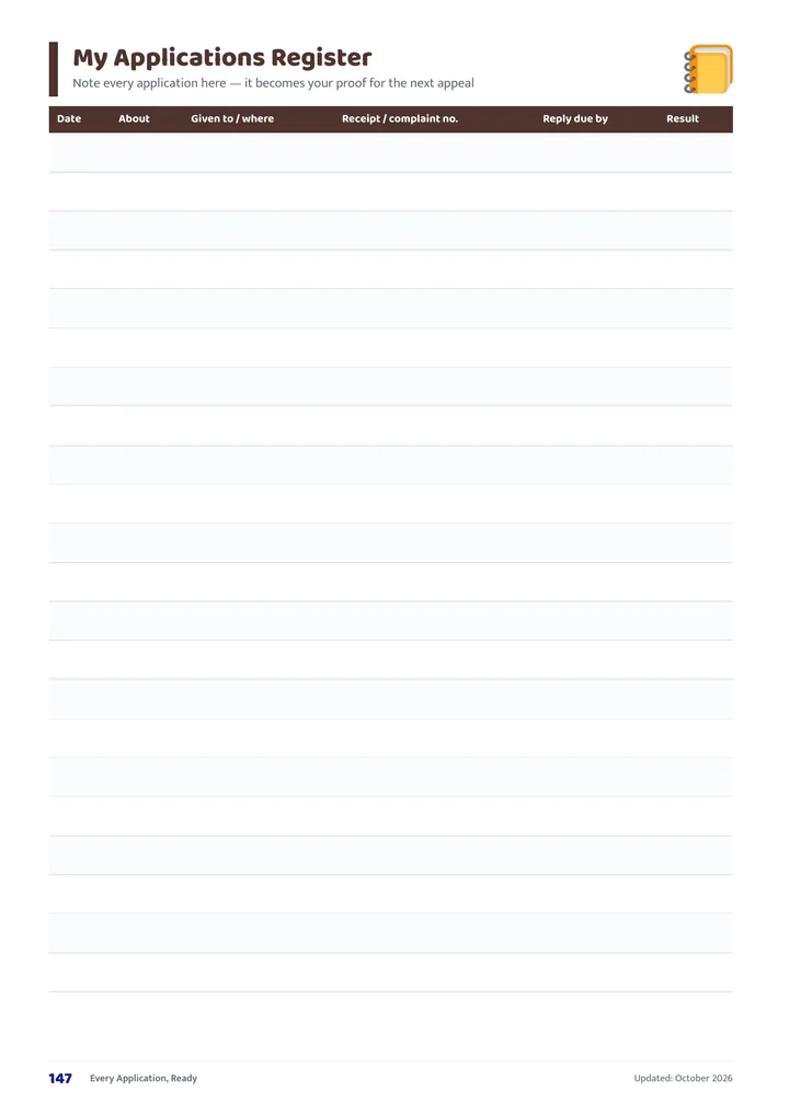 Sample page: My applications register